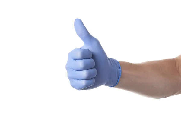 Daumen Hoch Hand Mit Blauem Medizinhandschuh Auf Weißem Hintergrund Die — Stockfoto