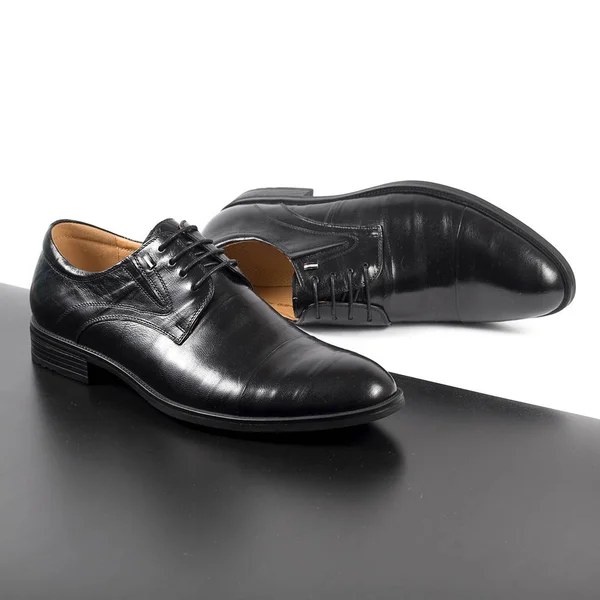 Black Men Leather Shoes Isolated White Black Background — Stock Photo, Image