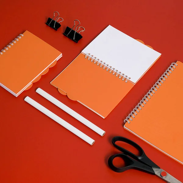 Set Stationery Red Table Top View — Stock Photo, Image