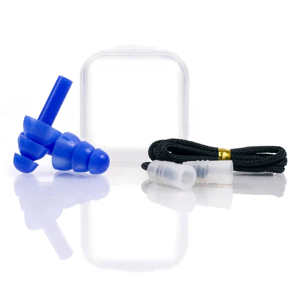 Par Tampões Auriculares Proteção Auditiva Com Recipiente Plástico Isolado Branco — Fotografia de Stock
