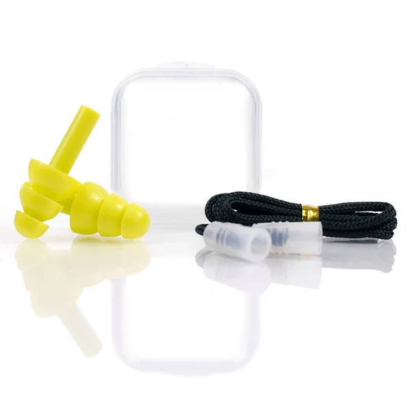 Dvojice Slyšení Ochranu Špunty Plastová Nádoba Izolované Bílém — Stock fotografie