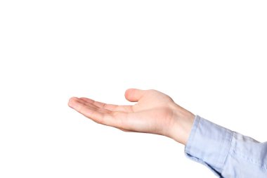 Avuç - kopya alanı ile beyaz arka plan üzerinde sağ eli açık ve yardım veya almaya hazır izole. Yan görünümü palmiye