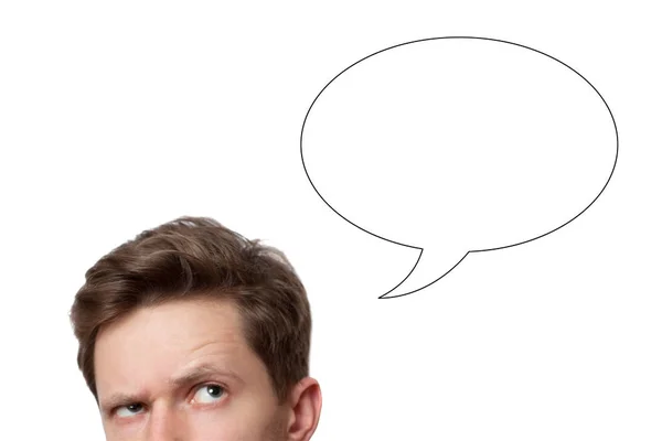 Young Man Looking Blank Bubble Speech Hand Drawn White Chalkboard — Stock Photo, Image