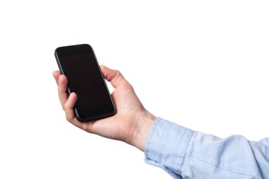 Eldeki cep telefonu beyaz arkaplanda izole edildi