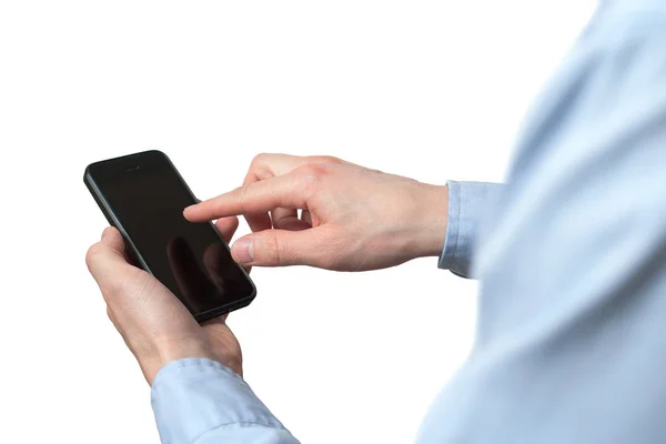 Tangan memegang dan Touch pada Black Smartphone dengan layar kosong di — Stok Foto