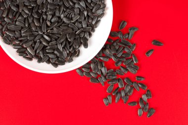 Kırmızı bir arka plan üzerinde siyah ayçiçeği çekirdeği. Üstten Görünüm