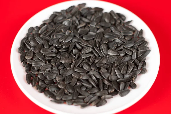 Black sunflower seeds on a red background. Top view.