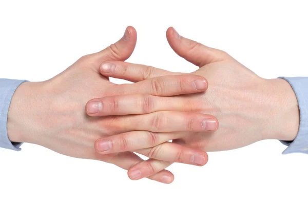 Dos humanos unen sus manos aislados sobre fondo blanco, coll — Foto de Stock