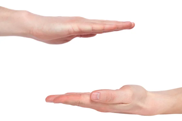 Mâinile masculine măsoară ceva, izolate pe alb. Mâinile showin — Fotografie, imagine de stoc