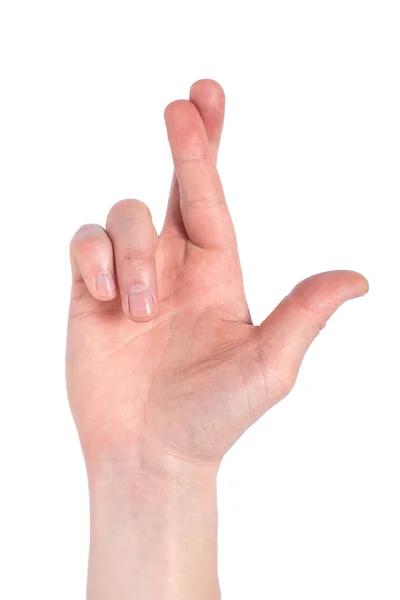 Finger keresztbe kéz jel, jó szerencsét szimbólum elszigetelt fehér. CR — Stock Fotó
