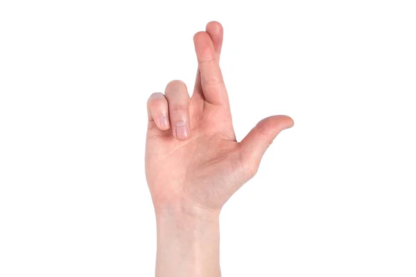 Vinger gekruist hand teken, symbool van geluk op wit wordt geïsoleerd. CR — Stockfoto