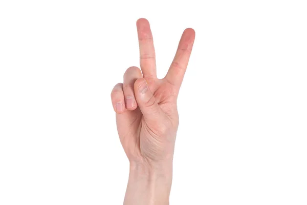 Мужская рука показывает знак "мир" на белом фоне — стоковое фото