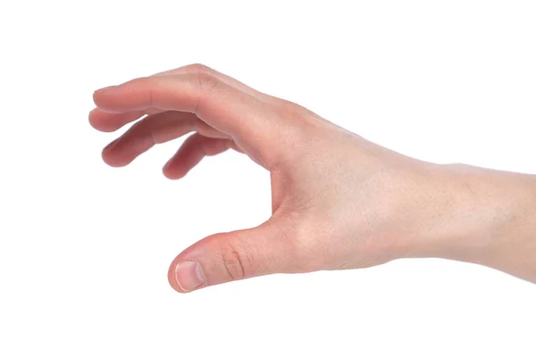 Mão humana chegar para algo isolado no fundo branco — Fotografia de Stock