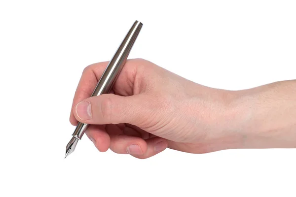 男性の手は、metall 羽ペンを持ちます。白い背景に分離. ロイヤリティフリーのストック画像