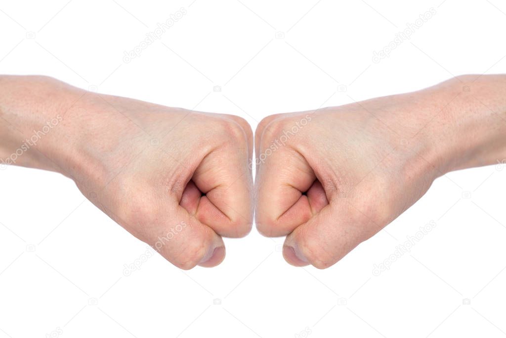 Two male fists hitting each other, isolated on white background.