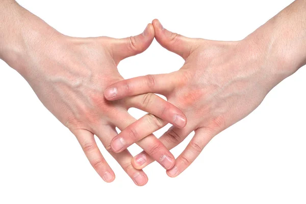 Two human join hands together isolated on white background, coll — Stock Photo, Image