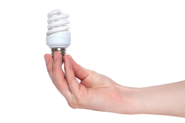 Hand holding Illuminated light bulb isolated on white background — Stock Photo, Image