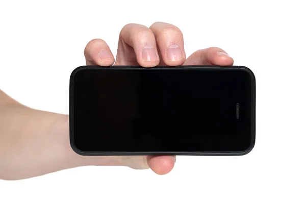 Tangan memegang ponsel pintar dengan layar kosong. Terisolasi pada w — Stok Foto