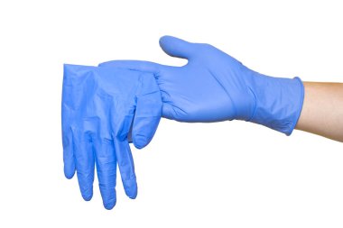 Bir çift lateks eldiven giyen adam. Beyaz arka plan