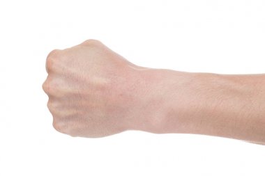 Erkek sıkılmış yumruk, beyaz bir arka plan üzerinde izole. Kazanmak