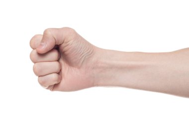 Erkek sıkılmış yumruk, beyaz bir arka plan üzerinde izole. Kazanmak