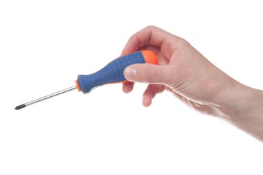 Erkek el tutma tornavida beyaz arka plan üzerinde izole.