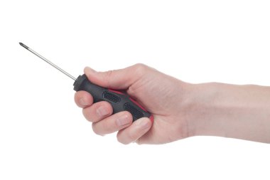 Erkek el tutma tornavida beyaz arka plan üzerinde izole.