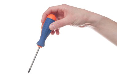 Erkek el tutma tornavida beyaz arka plan üzerinde izole.