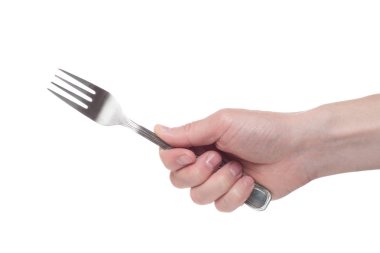 gümüş çatal izole beyaz arka plan üzerinde tutan el