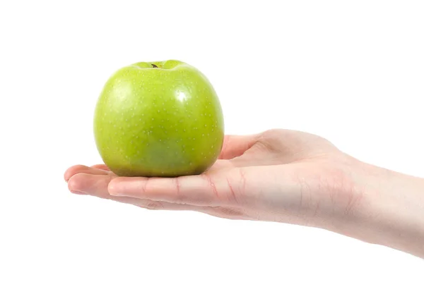 Спелые вкусные сочные зеленое яблоко в руке изолированы на белом спинке — стоковое фото