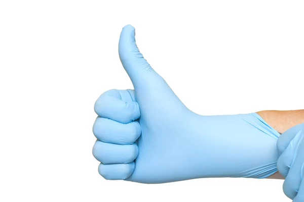 Doktor kéz kesztyűt mutatja, mint gesztus vagy thumbup a jóváhagyásáról — Stock Fotó