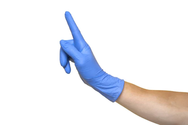 Ręka w niebieskiej rękawicy odizolowana na biało z kciukiem do góry. — Zdjęcie stockowe
