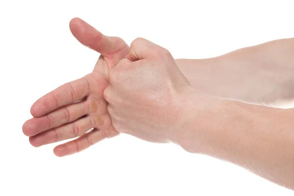 Hand med öppen handflata på vit bakgrund. Manlig hand i attacken — Stockfoto