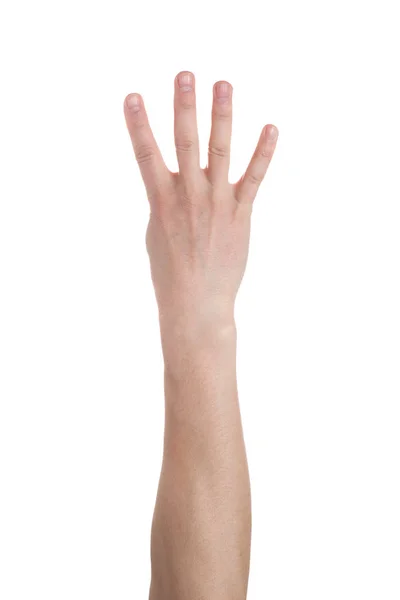 Мужская рука показывает четыре пальца на белом фоне — стоковое фото