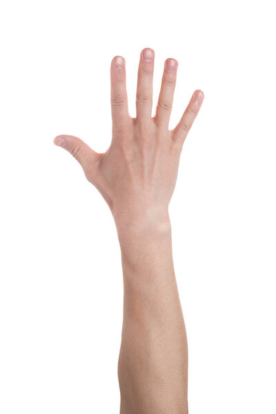 Man showing number five on white background. Close up