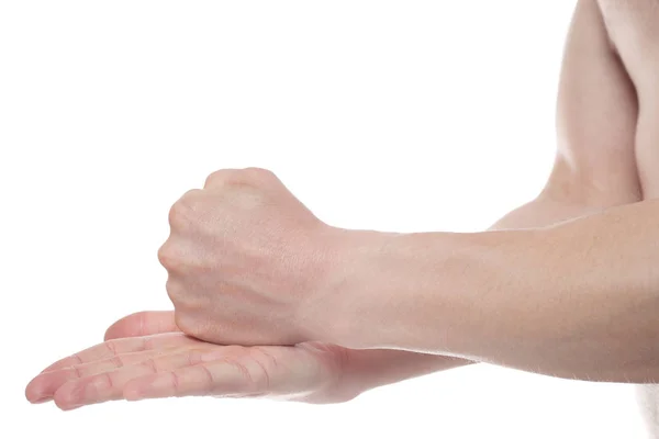 Χέρι με ανοιχτή παλάμη σε λευκό φόντο. Αρσενικό χέρι στην επίθεση — Φωτογραφία Αρχείου