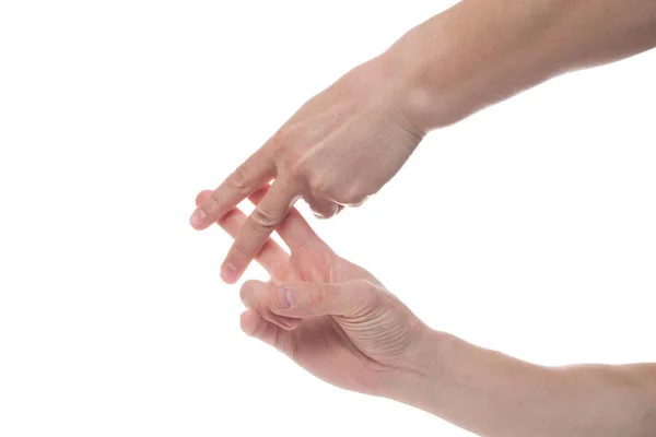 Ember kezét mutató rács ujjaival elszigetelt fehér háttérben — Stock Fotó