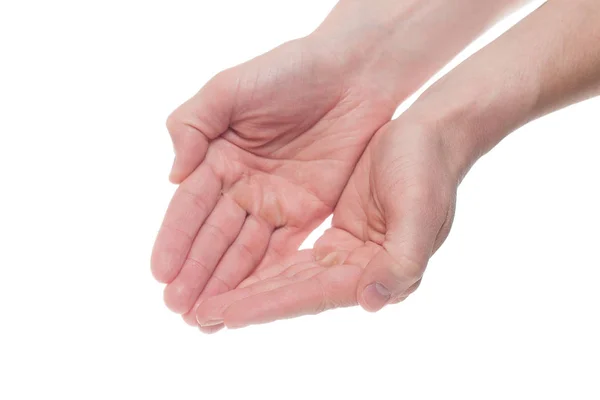 Två manliga händer med handflatorna är isolerade på en vit bakgrund — Stockfoto