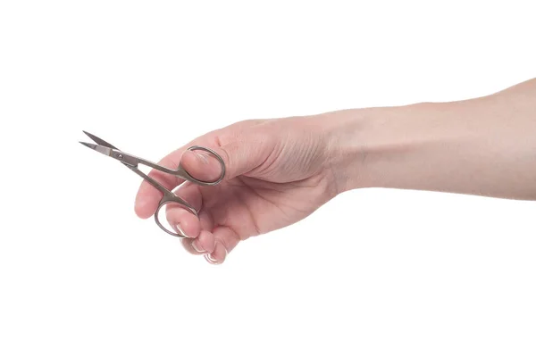 Hand holding scissors for manicure isolated on white background. — Stock Photo, Image