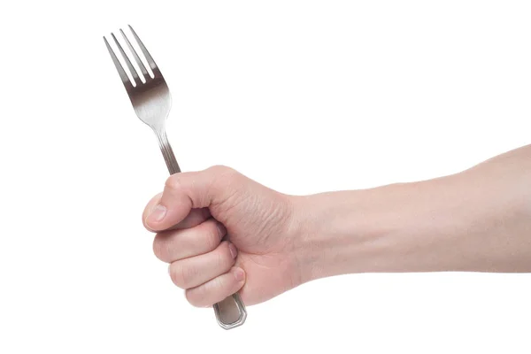 Hand som håller en silver gaffel på en isolerad vit bakgrund — Stockfoto