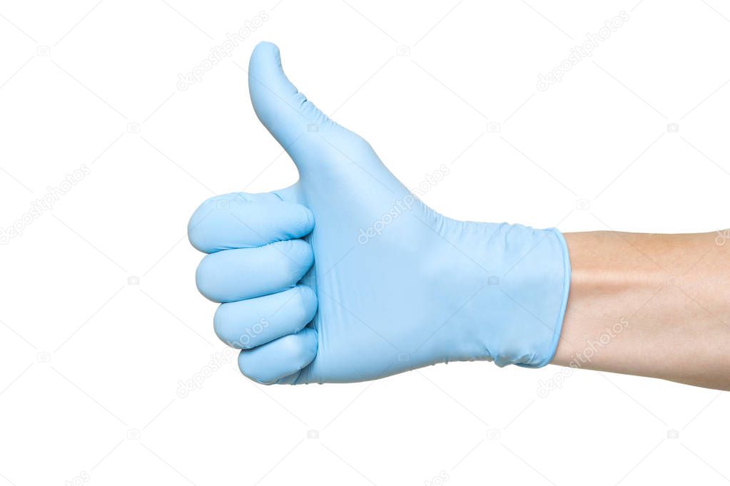 Doctor Wearing Blue Latex Glove Giving Thumbs Up Sign. Like