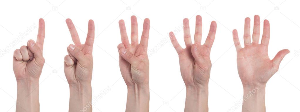 Male hands counting from one to five isolated on white backgroun