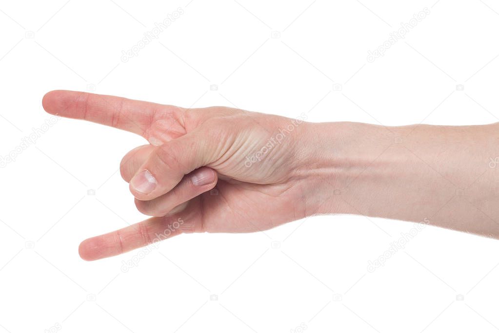 Hand shows the rock and roll sign isolated on a white background