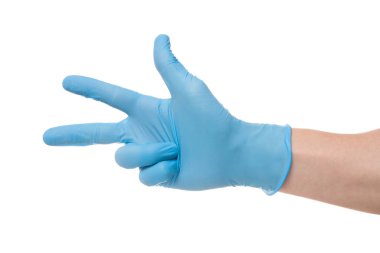 Sağ el jest numarası thre ile lateks cerrahi eldiven giyiyor