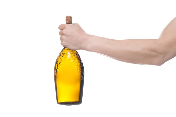 Man holding bottle with delicious wine on white background — Stock Photo, Image