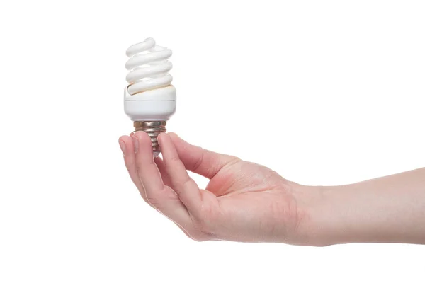 Hand met verlichte gloeilamp geïsoleerd op witte achtergrond — Stockfoto