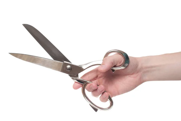 Hand holding big steel scissors, industrial tool — Stock Photo, Image