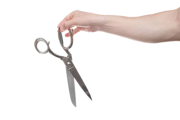 Hand holding big steel scissors, industrial tool — Stock Photo, Image