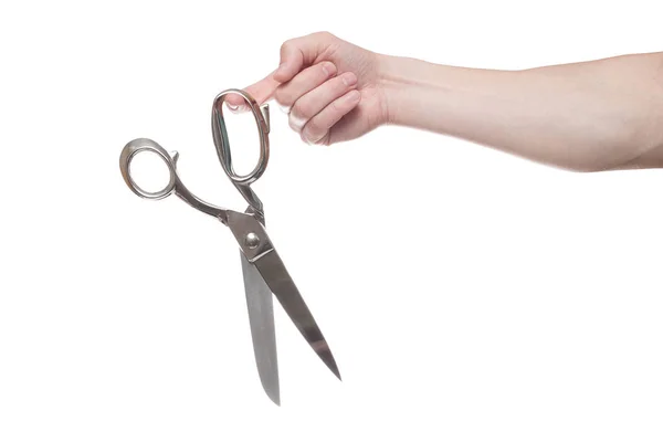 Hand holding big steel scissors, industrial tool — Stock Photo, Image