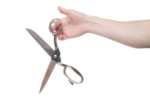 Hand holding big steel scissors, industrial tool — Stock Photo, Image